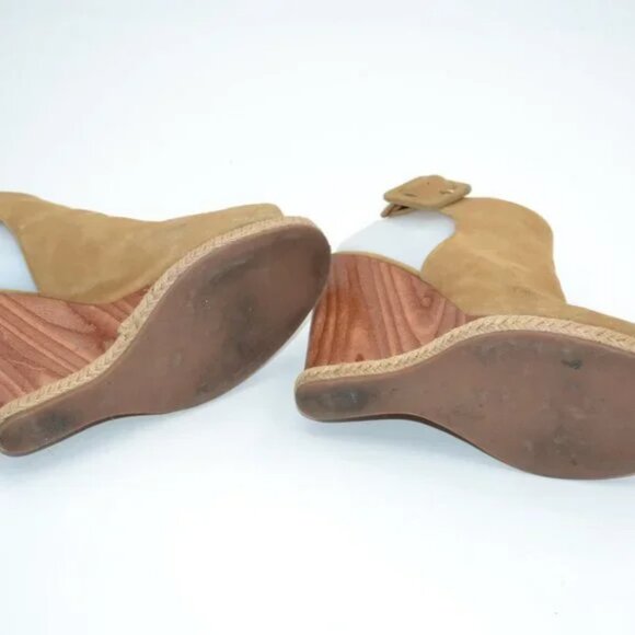 Tory Burch Tan Suede Leather Open Peep Toe Wood Wedge Slingback Heels Sandals 8 - Picture 11 of 14